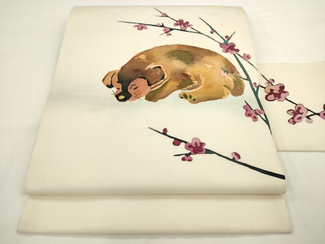 平和屋着物●塩瀬　九寸名古屋帯　作家物　ろうけつ染め　動物文　正絹　逸品　AABL2332pf