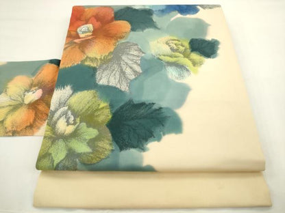 平和屋着物●塩瀬　九寸名古屋帯　草花文　正絹　逸品　AABL2335pf