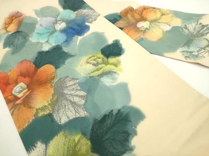 平和屋着物●塩瀬　九寸名古屋帯　草花文　正絹　逸品　AABL2335pf