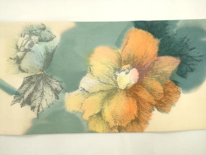 平和屋着物●塩瀬　九寸名古屋帯　草花文　正絹　逸品　AABL2335pf
