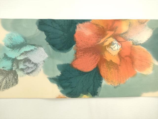 平和屋着物●塩瀬　九寸名古屋帯　草花文　正絹　逸品　AABL2335pf