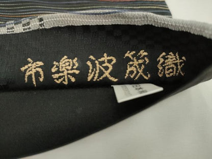 平和屋着物●六通柄袋帯　市楽波筬織　横段文　黒地　正絹　逸品　AABL2339pf