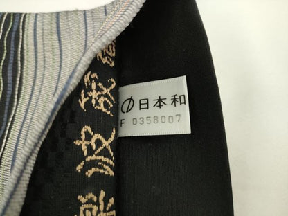 平和屋着物●六通柄袋帯　市楽波筬織　横段文　黒地　正絹　逸品　AABL2339pf