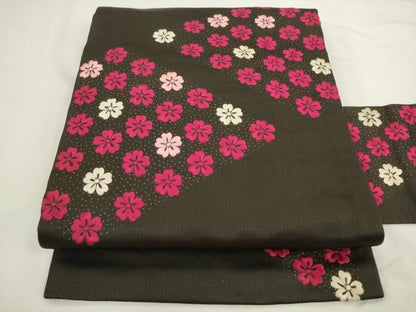 平和屋着物●アンティーク　大正ロマン　九寸名古屋帯　総手刺繍　舞花文　黒地　正絹　逸品　AABL2341pf