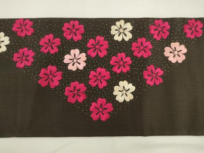 平和屋着物●アンティーク　大正ロマン　九寸名古屋帯　総手刺繍　舞花文　黒地　正絹　逸品　AABL2341pf