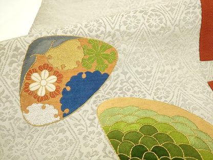 平和屋着物●西陣　川島織物　九寸名古屋帯　総刺繍　貝合わせ花文　金銀糸　正絹　逸品　AABL2351pf