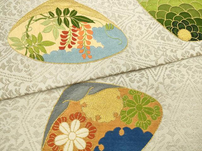 平和屋着物●西陣　川島織物　九寸名古屋帯　総刺繍　貝合わせ花文　金銀糸　正絹　逸品　AABL2351pf