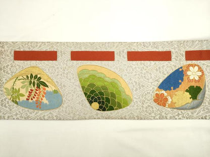 平和屋着物●西陣　川島織物　九寸名古屋帯　総刺繍　貝合わせ花文　金銀糸　正絹　逸品　AABL2351pf