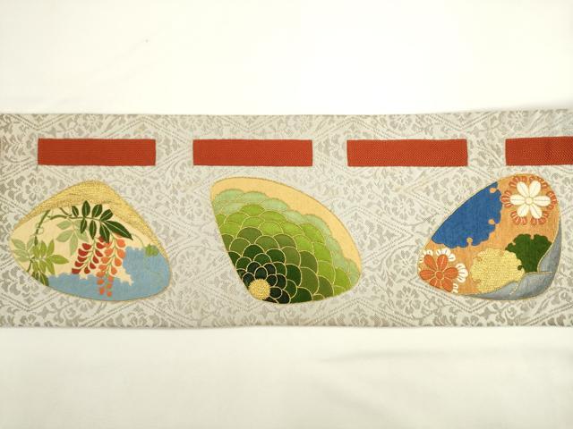 平和屋着物●西陣　川島織物　九寸名古屋帯　総刺繍　貝合わせ花文　金銀糸　正絹　逸品　AABL2351pf