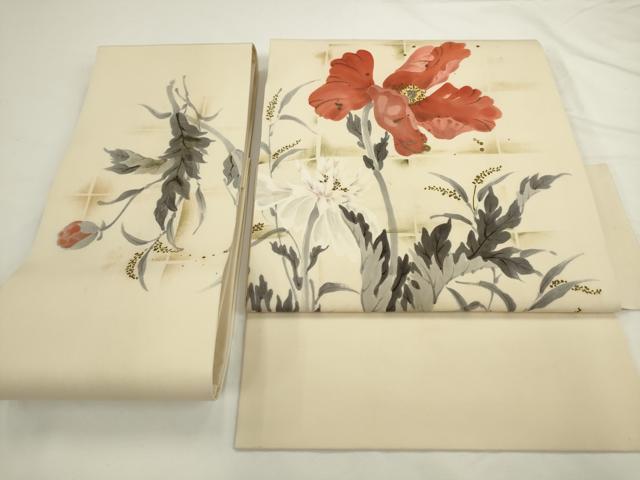 平和屋着物●塩瀬　つけ帯　手描き　草花文　正絹　逸品　AABL2355pf