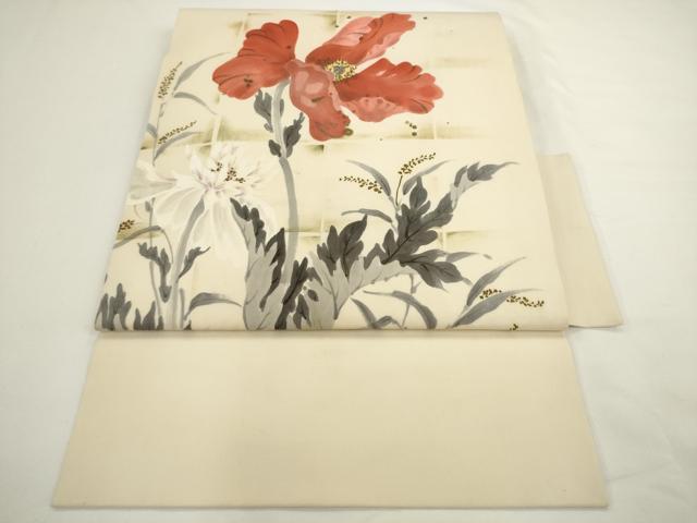 平和屋着物●塩瀬　つけ帯　手描き　草花文　正絹　逸品　AABL2355pf