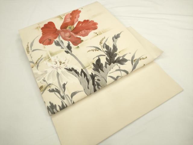 平和屋着物●塩瀬　つけ帯　手描き　草花文　正絹　逸品　AABL2355pf