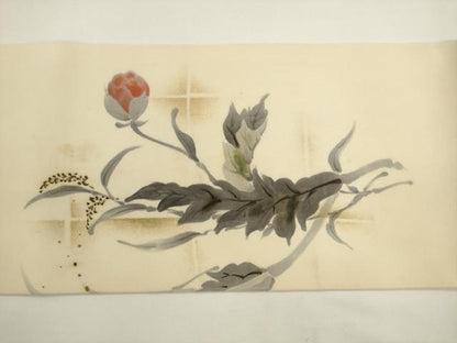 平和屋着物●塩瀬　つけ帯　手描き　草花文　正絹　逸品　AABL2355pf