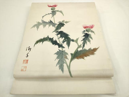 平和屋着物▼塩瀬　太鼓柄京袋帯　作家物　手描き　たんぽぽ　正絹　逸品　AABL2359pf