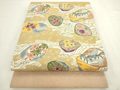 平和屋着物●九寸開き名古屋帯　型染め　貝合わせ花文　正絹　逸品　AABL2360pf