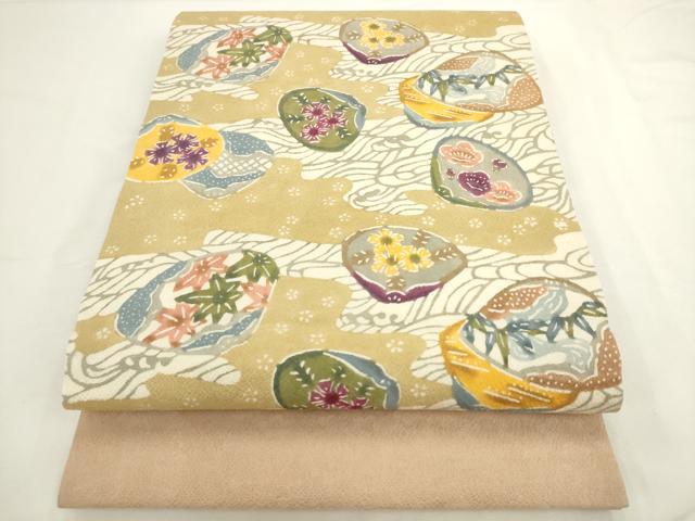 平和屋着物●九寸開き名古屋帯　型染め　貝合わせ花文　正絹　逸品　AABL2360pf
