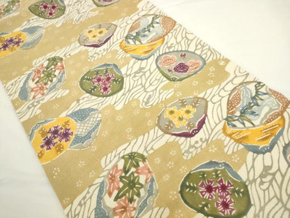 平和屋着物●九寸開き名古屋帯　型染め　貝合わせ花文　正絹　逸品　AABL2360pf