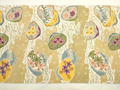 平和屋着物●九寸開き名古屋帯　型染め　貝合わせ花文　正絹　逸品　AABL2360pf