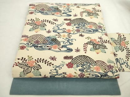 平和屋着物●九寸名古屋帯 紬地 紅型 流水花籬文 正絹 逸品 AABL2371pf