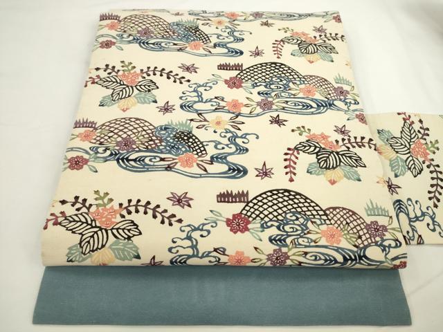 平和屋着物●九寸名古屋帯 紬地 紅型 流水花籬文 正絹 逸品 AABL2371pf