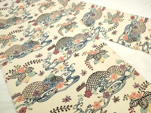平和屋着物●九寸名古屋帯 紬地 紅型 流水花籬文 正絹 逸品 AABL2371pf