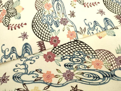 平和屋着物●九寸名古屋帯 紬地 紅型 流水花籬文 正絹 逸品 AABL2371pf