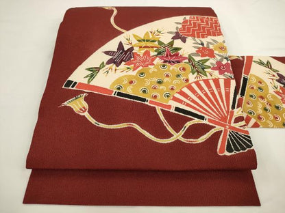 平和屋着物▼九寸名古屋帯　型染め　扇面草花文　鬼しぼ縮緬　正絹　逸品　AABL2372pf