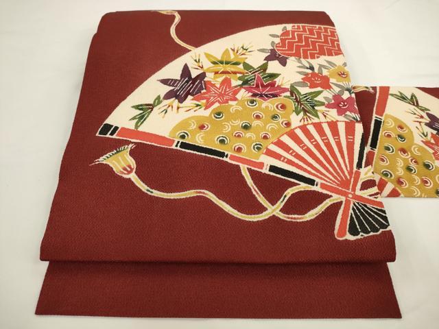 平和屋着物▼九寸名古屋帯　型染め　扇面草花文　鬼しぼ縮緬　正絹　逸品　AABL2372pf