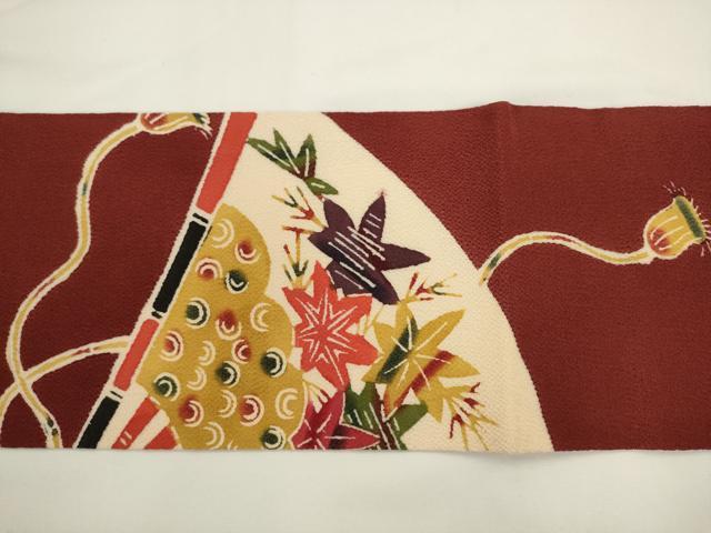 平和屋着物▼九寸名古屋帯　型染め　扇面草花文　鬼しぼ縮緬　正絹　逸品　AABL2372pf