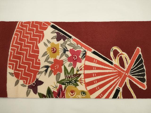 平和屋着物▼九寸名古屋帯　型染め　扇面草花文　鬼しぼ縮緬　正絹　逸品　AABL2372pf