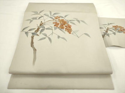 平和屋着物▼塩瀬　九寸名古屋帯　作家物　手描き　南天文　正絹　逸品　AABL2376pf