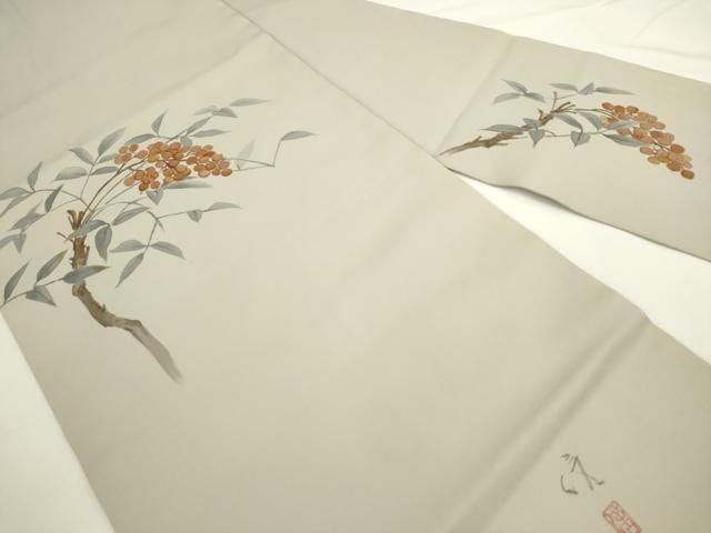 平和屋着物▼塩瀬　九寸名古屋帯　作家物　手描き　南天文　正絹　逸品　AABL2376pf
