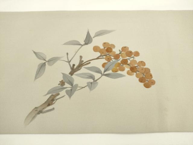 平和屋着物▼塩瀬　九寸名古屋帯　作家物　手描き　南天文　正絹　逸品　AABL2376pf