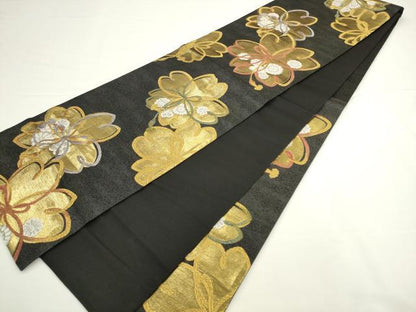 平和屋着物●六通柄袋帯 舞桜文 黒地 金銀糸 正絹 逸品 AABL2377pf