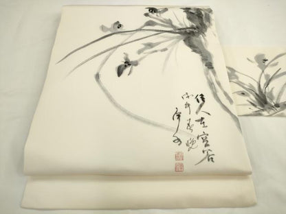 平和屋着物▼塩瀬　九寸名古屋帯　作家物　手描き　草花文　正絹　逸品　AABL2388pf