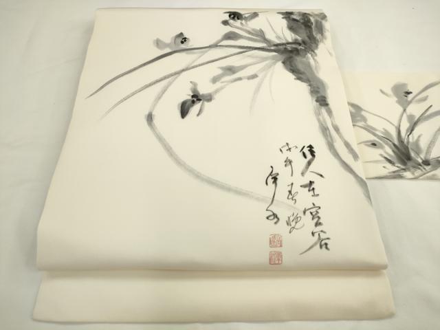 平和屋着物▼塩瀬　九寸名古屋帯　作家物　手描き　草花文　正絹　逸品　AABL2388pf
