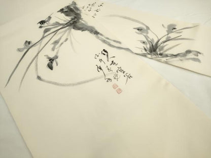 平和屋着物▼塩瀬　九寸名古屋帯　作家物　手描き　草花文　正絹　逸品　AABL2388pf