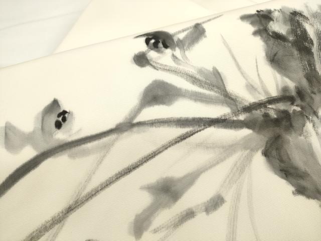平和屋着物▼塩瀬　九寸名古屋帯　作家物　手描き　草花文　正絹　逸品　AABL2388pf