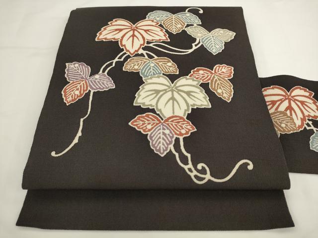 平和屋着物●九寸名古屋帯 型染め 草花文 鬼しぼ縮緬 正絹 逸品 AABL2394pf