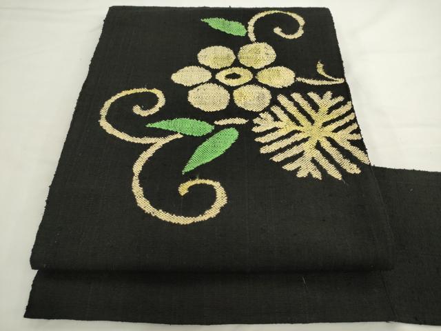 平和屋着物●八寸名古屋帯　紬地　草花文　黒地　正絹　逸品　AABL2398pf
