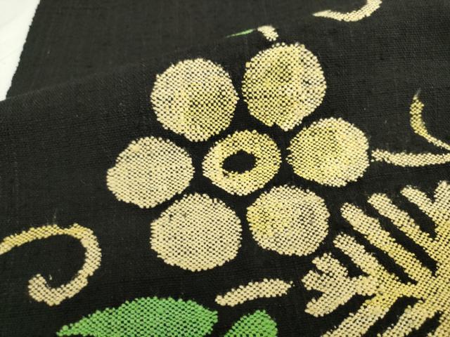 平和屋着物●八寸名古屋帯　紬地　草花文　黒地　正絹　逸品　AABL2398pf