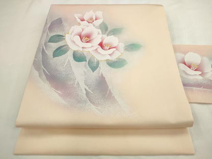 平和屋着物●塩瀬　九寸名古屋帯　椿　金銀彩　正絹　逸品　AABL2400pf