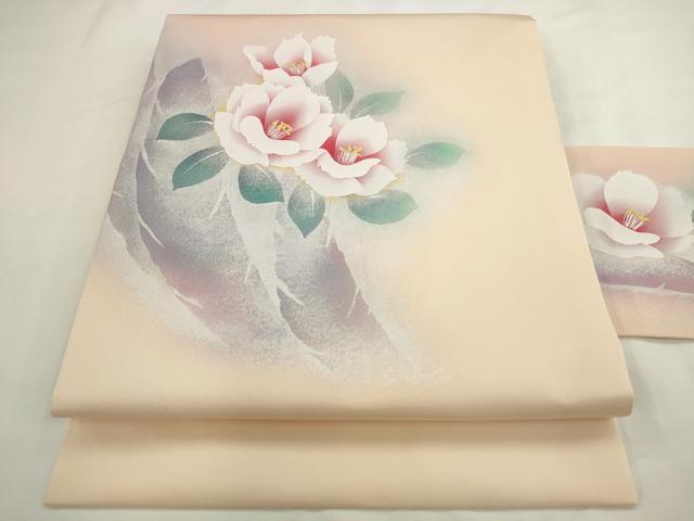 平和屋着物●塩瀬　九寸名古屋帯　椿　金銀彩　正絹　逸品　AABL2400pf