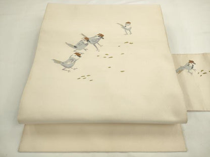 平和屋着物▼爪掻き本綴れ　八寸名古屋帯　雀　金糸　正絹　逸品　AABL2401pf