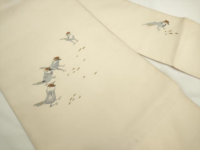 平和屋着物▼爪掻き本綴れ　八寸名古屋帯　雀　金糸　正絹　逸品　AABL2401pf