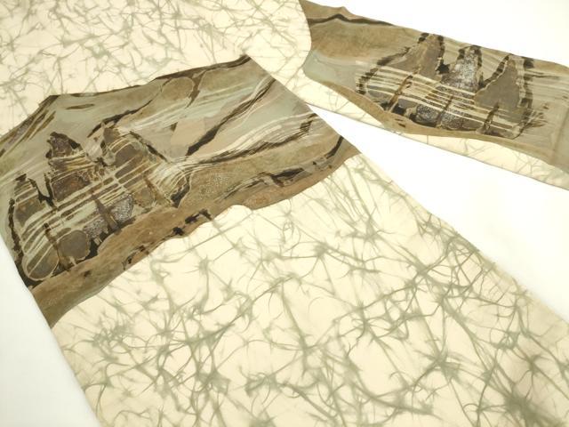 平和屋着物▼塩瀬　九寸名古屋帯　ろうけつ染め　風景文　正絹　逸品　AABL2406pf