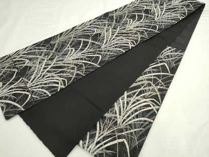 平和屋着物●六通柄袋帯　芝文　黒地　銀糸　鈴乃屋扱い　正絹　逸品　AABL2408pf
