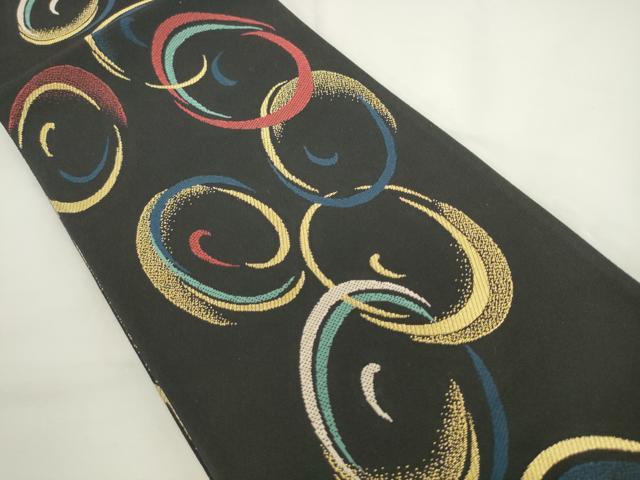 平和屋着物●両面半幅帯　幾何学文様　黒地　金糸　正絹　逸品　AABL2420pf