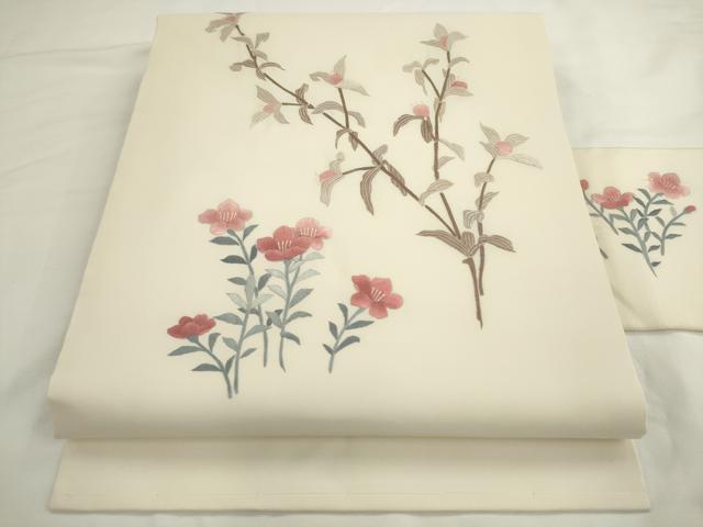 平和屋着物●九寸名古屋帯　総刺繍　草花文　正絹　逸品　AABL2424pf