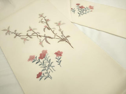 平和屋着物●九寸名古屋帯　総刺繍　草花文　正絹　逸品　AABL2424pf